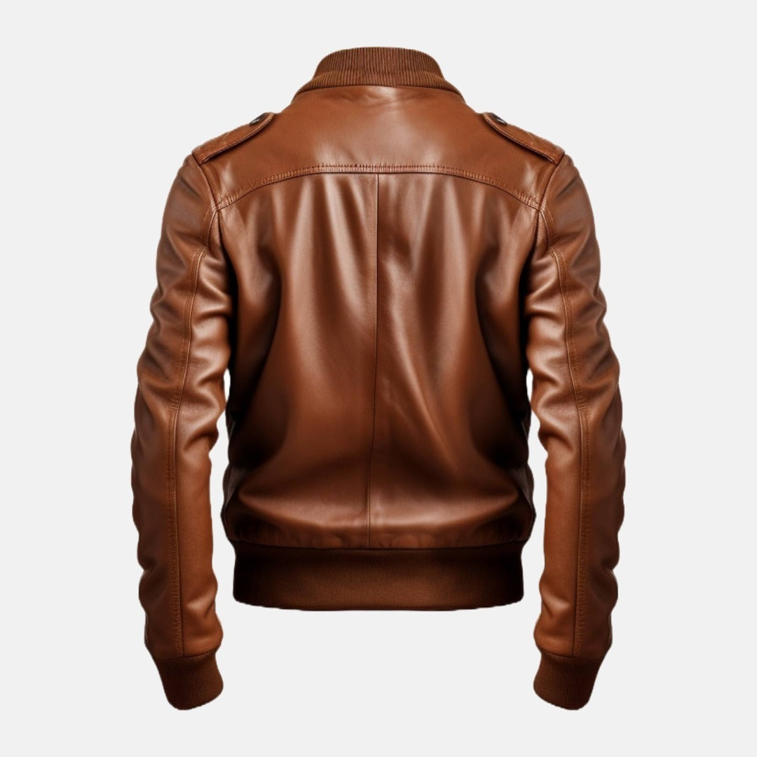 Men's Cognac Brown Leather Bomber Jacket with Zip Chest Pockets, back view