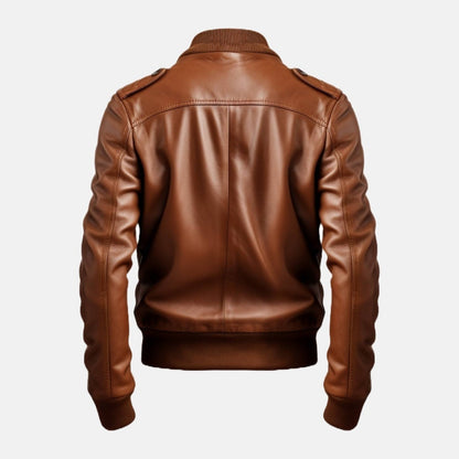 Men's Cognac Brown Leather Bomber Jacket with Zip Chest Pockets, back view