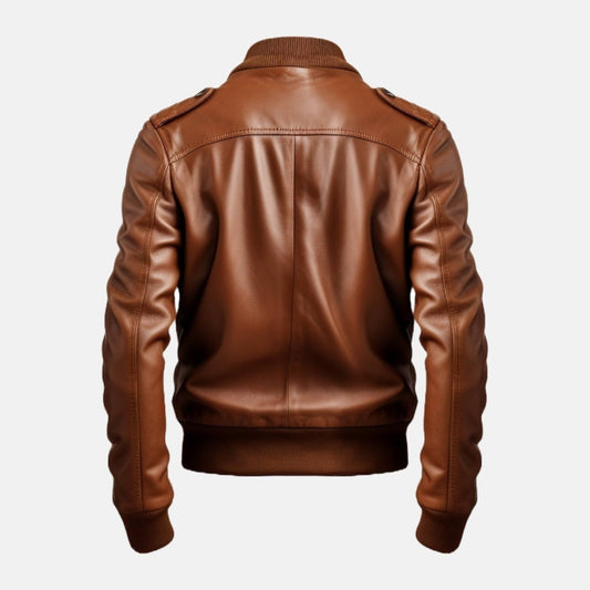 Men's Cognac Brown Leather Bomber Jacket with Zip Chest Pockets, back view