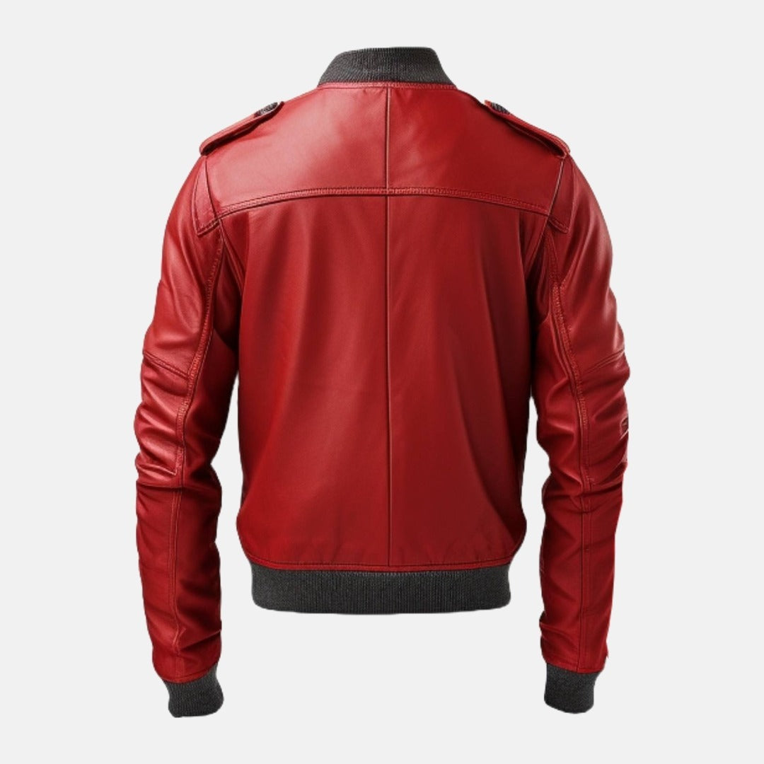 Men's Red Leather Bomber Jacket with Contrast Ribbed Collar, back view