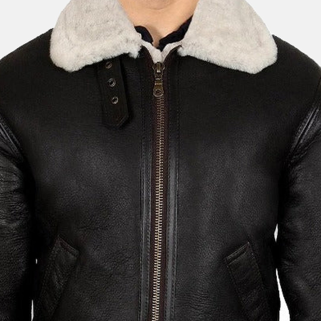 Men's Black Leather Shearling-Style Bomber Jacket with Faux Fur Lining, close-up of collar and zip