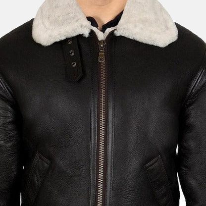 Men's Black Leather Shearling-Style Bomber Jacket with Faux Fur Lining, close-up of collar and zip