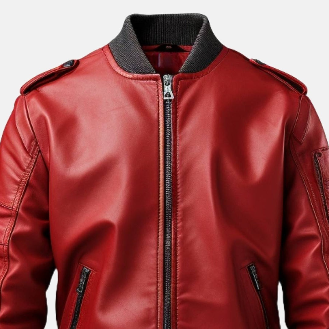 Men's Red Leather Bomber Jacket with Contrast Ribbed Collar, close-up of collar and zip