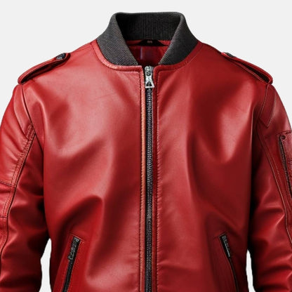 Men's Red Leather Bomber Jacket with Contrast Ribbed Collar, close-up of collar and zip