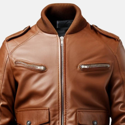 Men's Cognac Brown Leather Bomber Jacket with Zip Chest Pockets, close-up of collar and zip