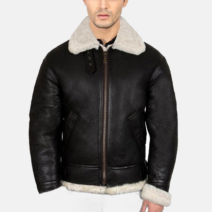 Men's Black Leather Shearling-Style Bomber Jacket with Faux Fur Lining, front view on model