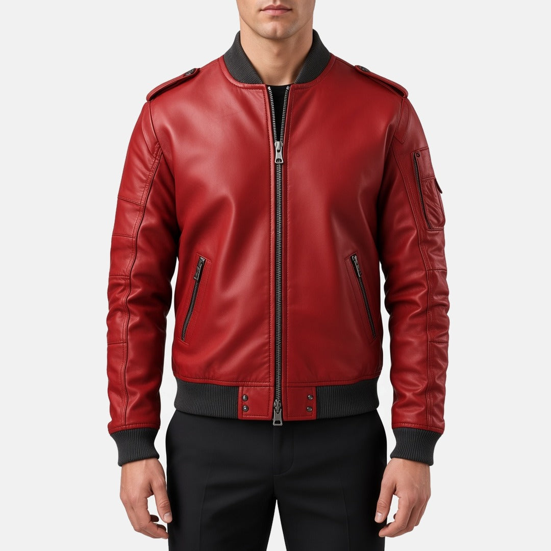 Men's Red Leather Bomber Jacket with Contrast Ribbed Collar, front view on model