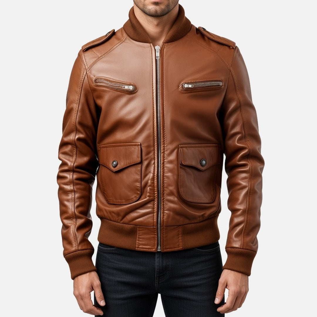 Men's Cognac Brown Leather Bomber Jacket with Zip Chest Pockets, front view on model