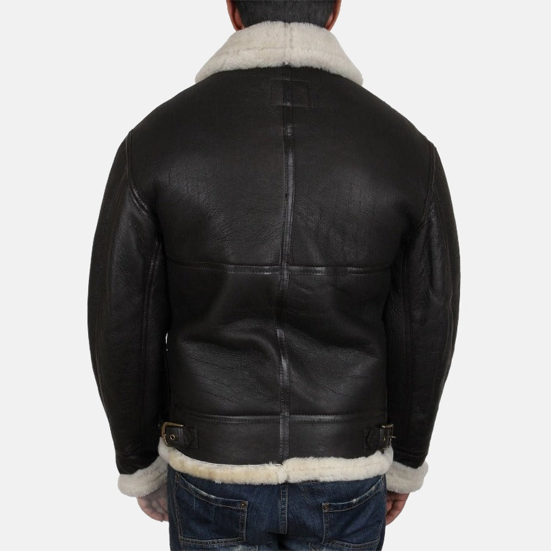 Men's Black Leather Shearling-Style Bomber Jacket with Faux Fur Lining, back view on model