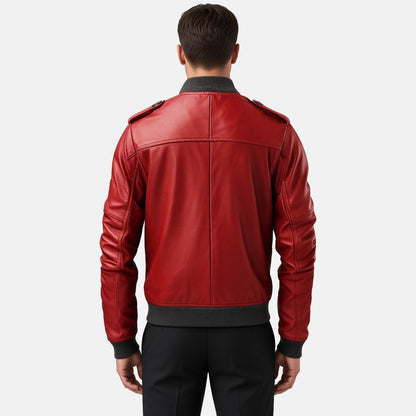 Men's Red Leather Bomber Jacket with Contrast Ribbed Collar, back view on model