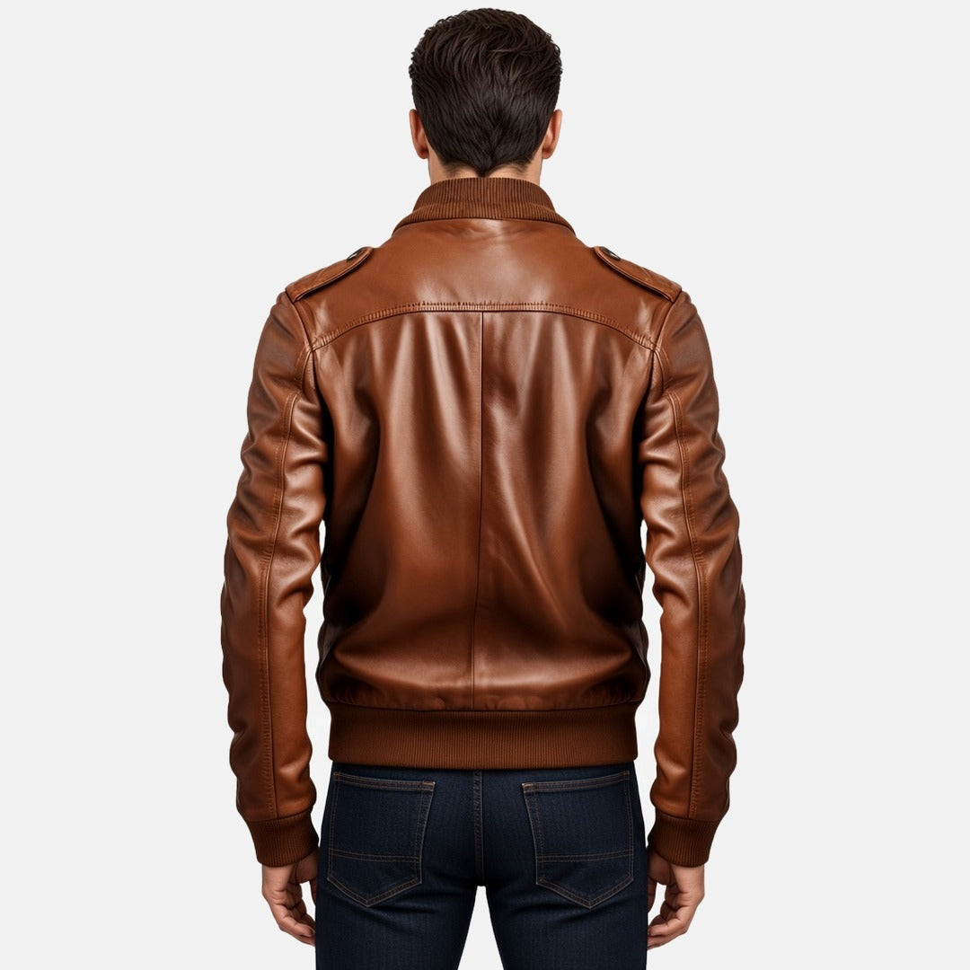 Men's Cognac Brown Leather Bomber Jacket with Zip Chest Pockets, back view on model