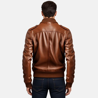 Men's Cognac Brown Leather Bomber Jacket with Zip Chest Pockets, back view on model