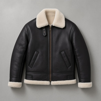 Men's Black Leather Shearling-Style Bomber Jacket with Faux Fur Lining, flat lay