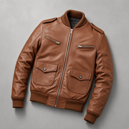 Men's Cognac Brown Leather Bomber Jacket with Zip Chest Pockets, flat lay