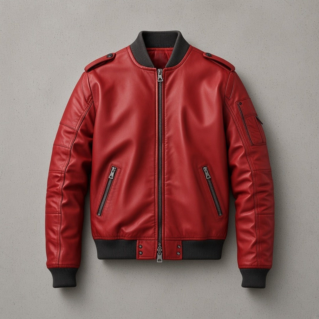 Men's Red Leather Bomber Jacket with Contrast Ribbed Collar, flat lay