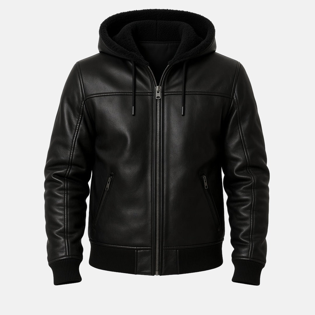 Men's Black Leather Shearling-Style Bomber Jacket with Faux Fur Hood, front view