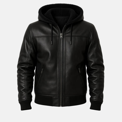Men's Black Leather Shearling-Style Bomber Jacket with Faux Fur Hood, front view