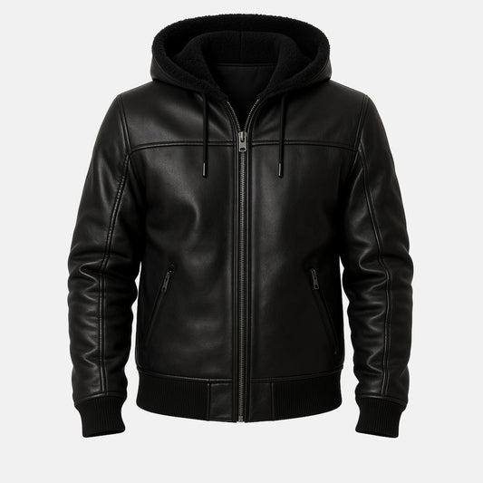 Men's Black Leather Shearling-Style Bomber Jacket with Faux Fur Hood, front view
