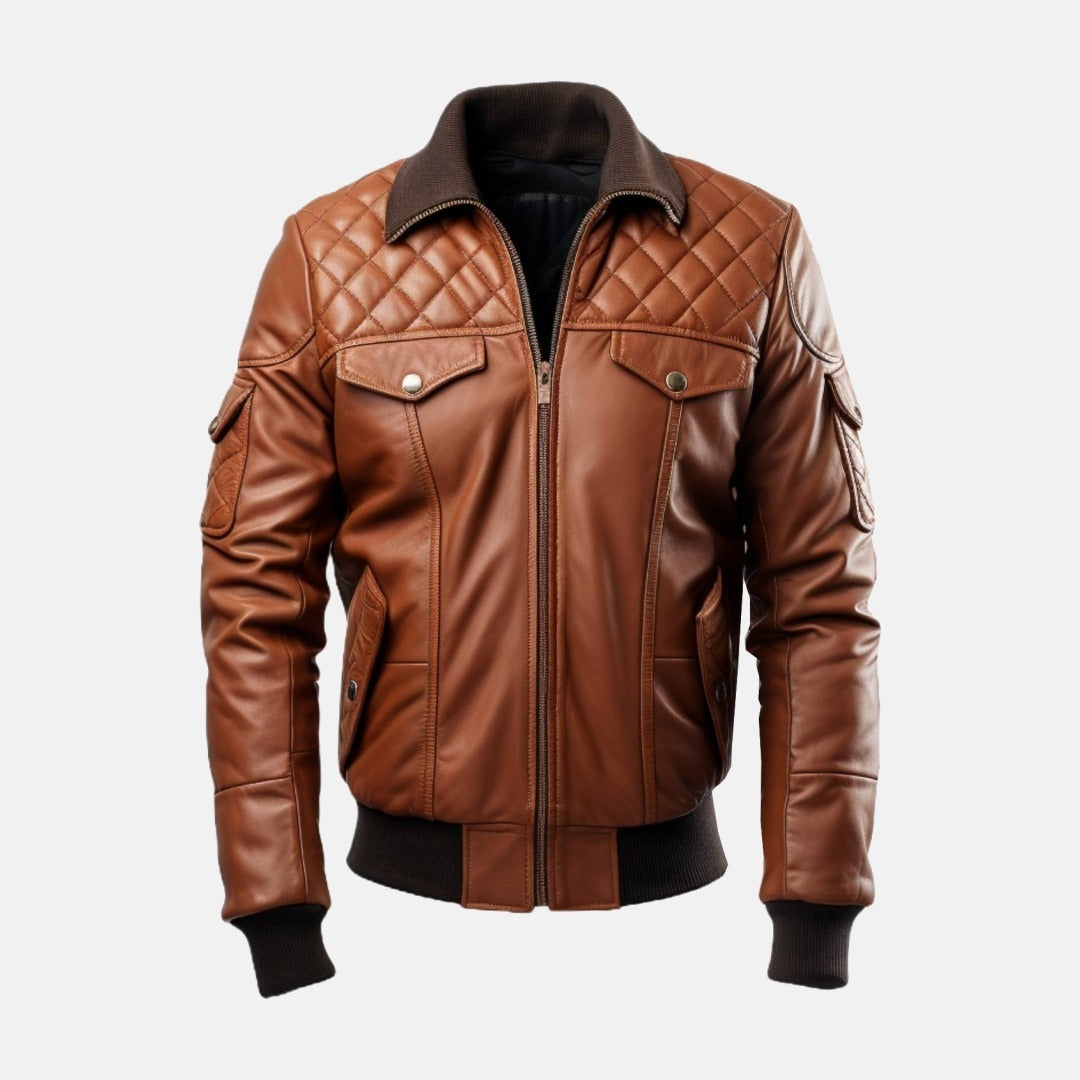 Men's Brown Leather Bomber Jacket with Quilted Yoke, front view