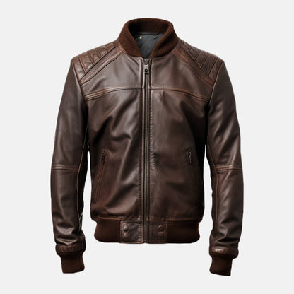 Men's Dark Brown Leather Bomber Jacket with Channel-Quilted Shoulders, front view