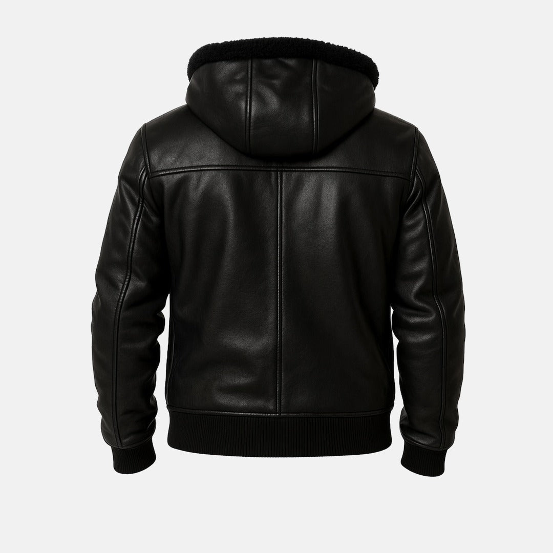 Men's Black Leather Shearling-Style Bomber Jacket with Faux Fur Hood, back view
