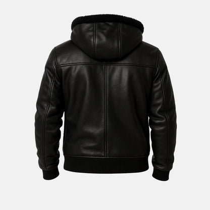 Men's Black Leather Shearling-Style Bomber Jacket with Faux Fur Hood, back view