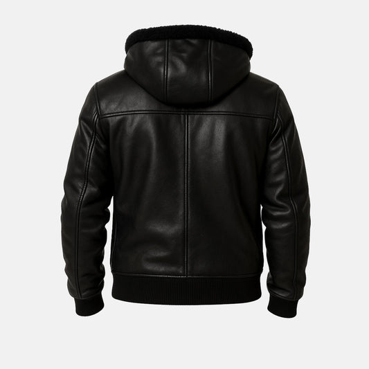 Men's Black Leather Shearling-Style Bomber Jacket with Faux Fur Hood, back view