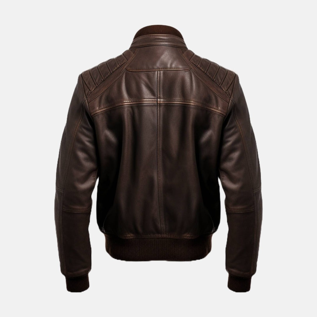 Men's Dark Brown Leather Bomber Jacket with Channel-Quilted Shoulders, back view