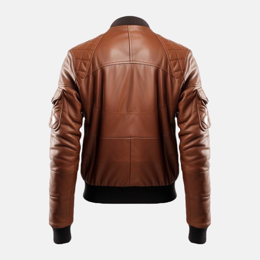 Men's Brown Leather Bomber Jacket with Quilted Yoke, back view