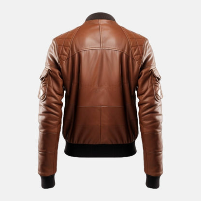 Men's Brown Leather Bomber Jacket with Quilted Yoke, back view