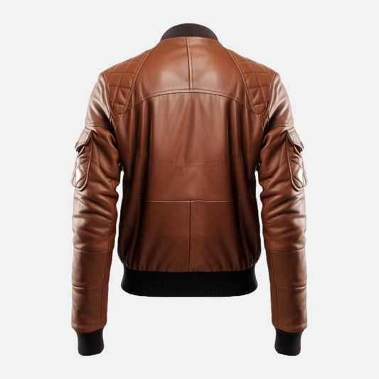 Men's Brown Leather Bomber Jacket with Quilted Yoke, back view