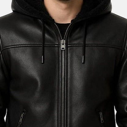 Men's Black Leather Shearling-Style Bomber Jacket with Faux Fur Hood, close-up of collar and zip