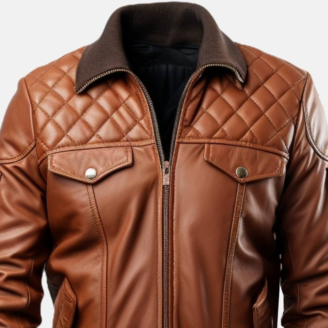 Men's Brown Leather Bomber Jacket with Quilted Yoke, close-up of collar and zip
