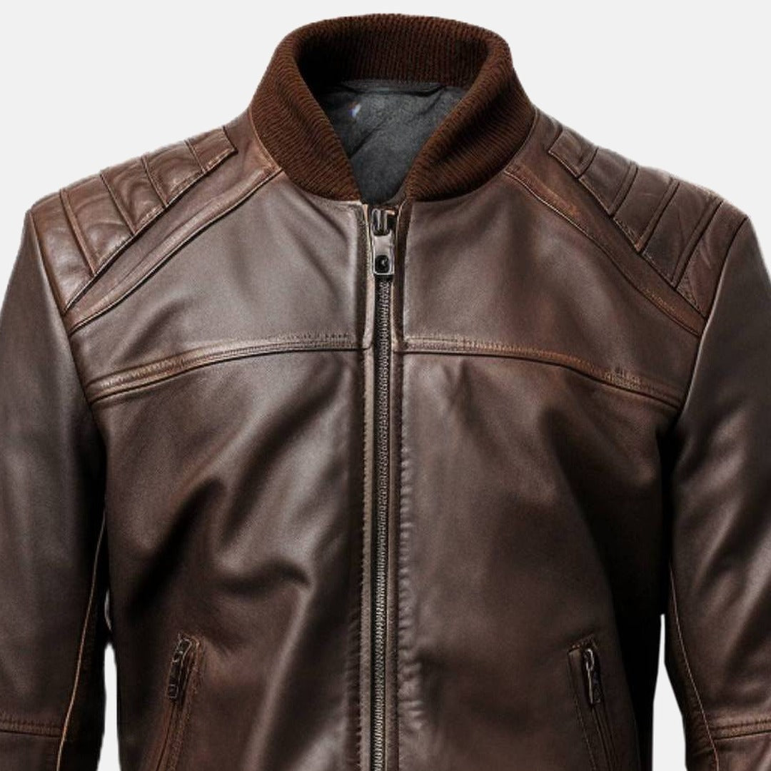 Men's Dark Brown Leather Bomber Jacket with Channel-Quilted Shoulders, close-up of collar and zip