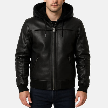 Men's Black Leather Shearling-Style Bomber Jacket with Faux Fur Hood, front view on model