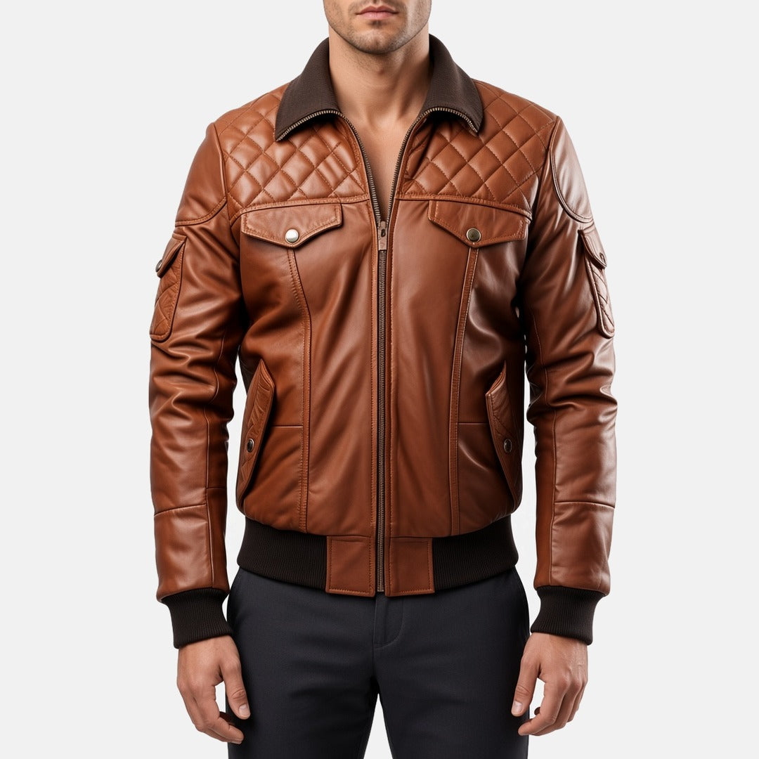 Men's Brown Leather Bomber Jacket with Quilted Yoke, front view on model