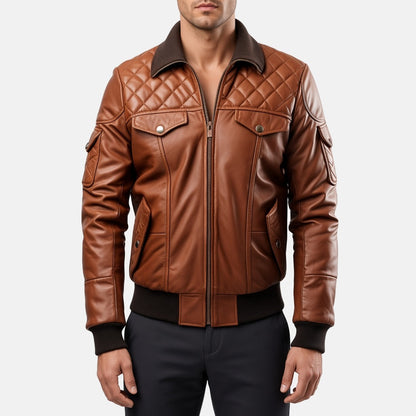 Men's Brown Leather Bomber Jacket with Quilted Yoke, front view on model