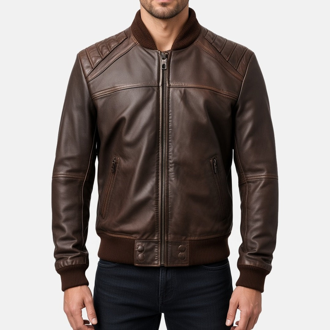 Men's Dark Brown Leather Bomber Jacket with Channel-Quilted Shoulders, front view on model