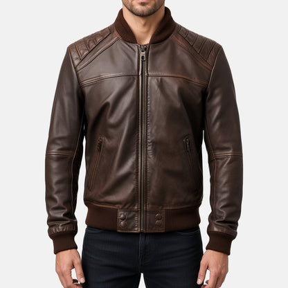 Men's Dark Brown Leather Bomber Jacket with Channel-Quilted Shoulders, front view on model