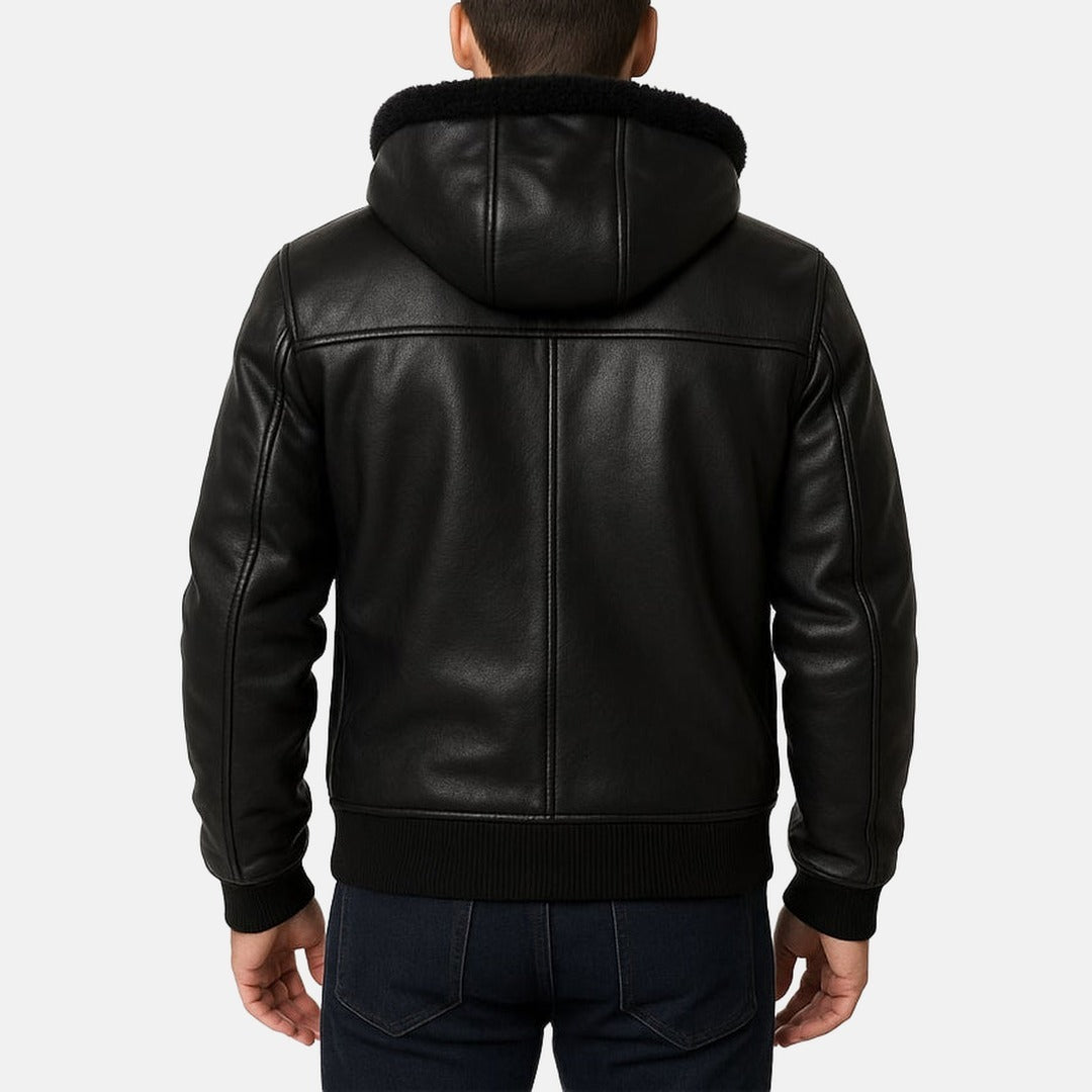 Men's Black Leather Shearling-Style Bomber Jacket with Faux Fur Hood, back view on model
