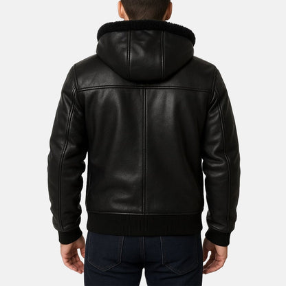 Men's Black Leather Shearling-Style Bomber Jacket with Faux Fur Hood, back view on model