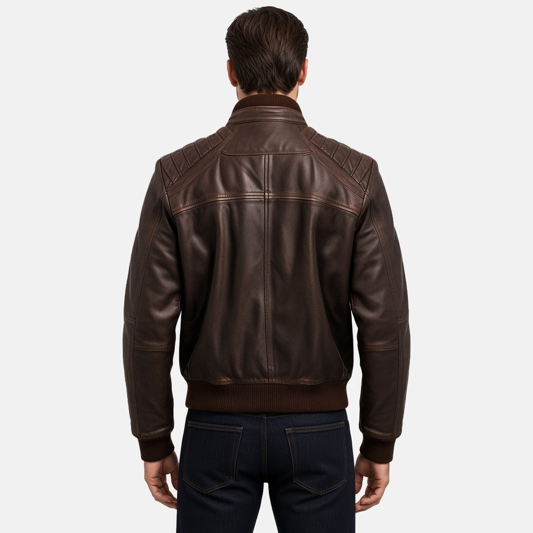 Men's Dark Brown Leather Bomber Jacket with Channel-Quilted Shoulders, back view on model