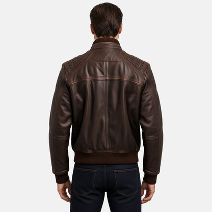 Men's Dark Brown Leather Bomber Jacket with Channel-Quilted Shoulders, back view on model