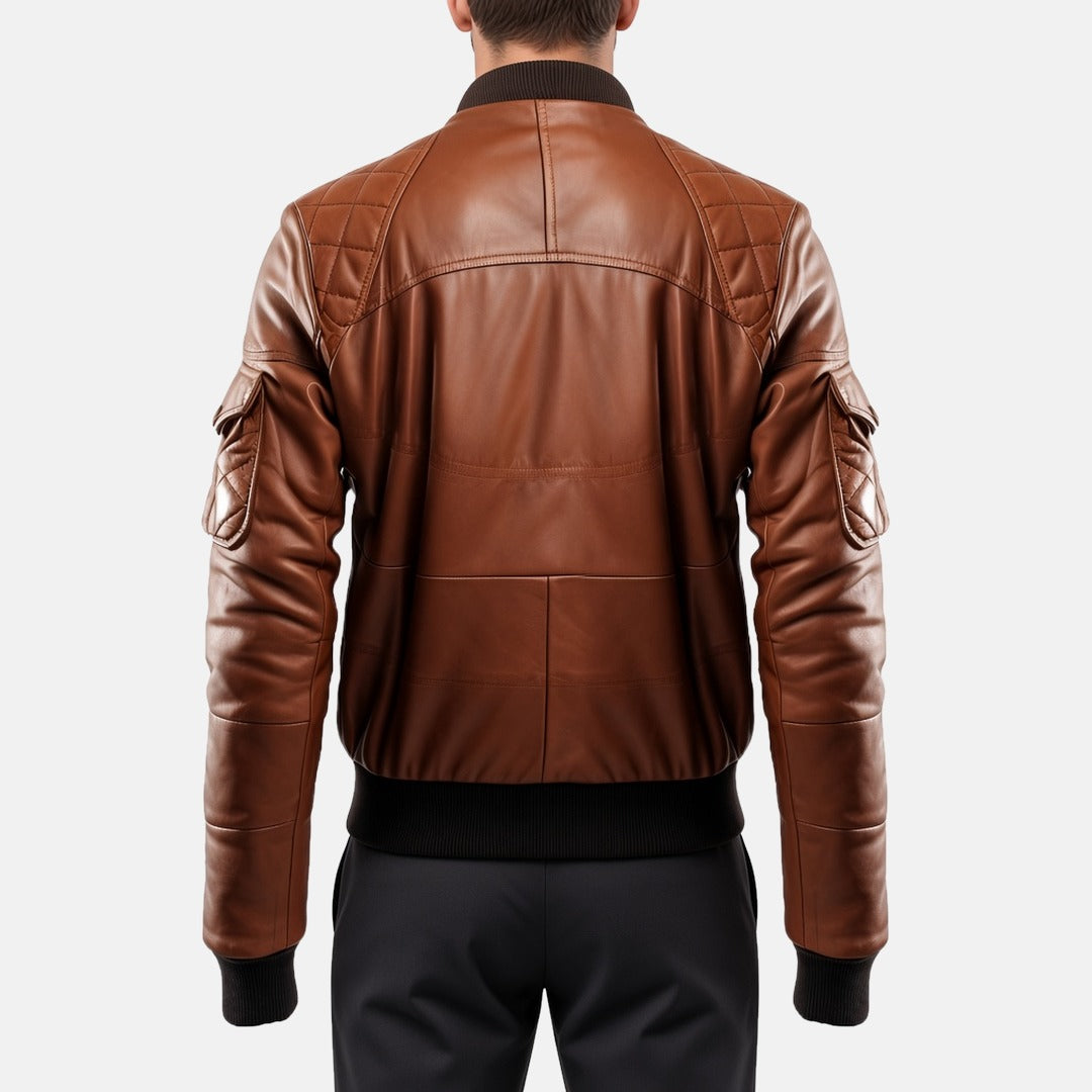 Men's Brown Leather Bomber Jacket with Quilted Yoke, back view on model