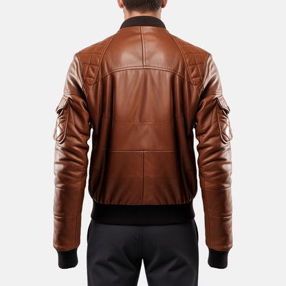 Men's Brown Leather Bomber Jacket with Quilted Yoke, back view on model