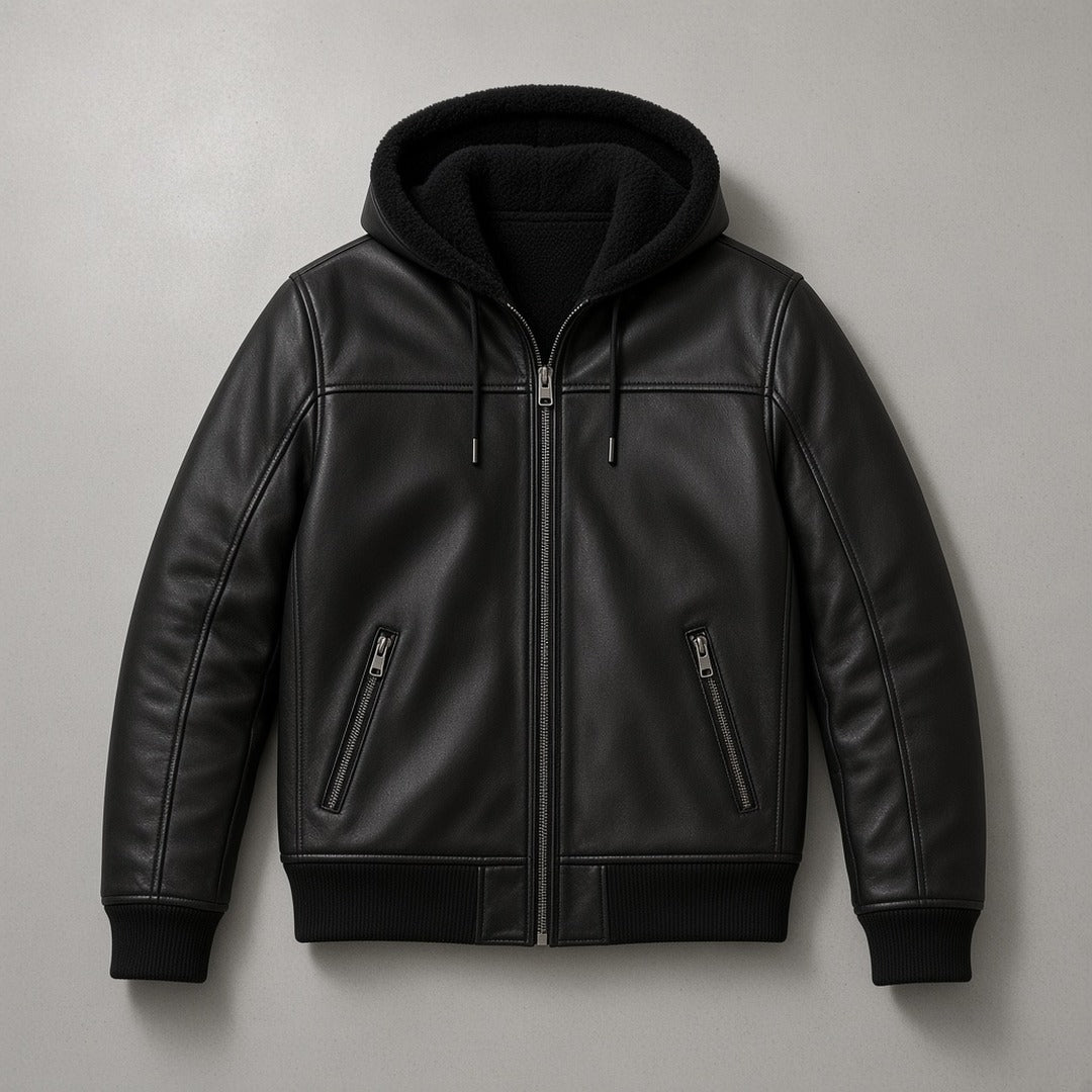 Men's Black Leather Shearling-Style Bomber Jacket with Faux Fur Hood, flat lay