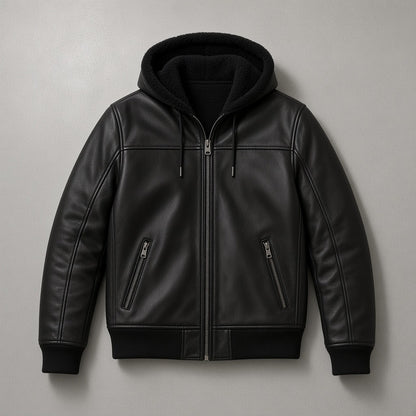 Men's Black Leather Shearling-Style Bomber Jacket with Faux Fur Hood, flat lay
