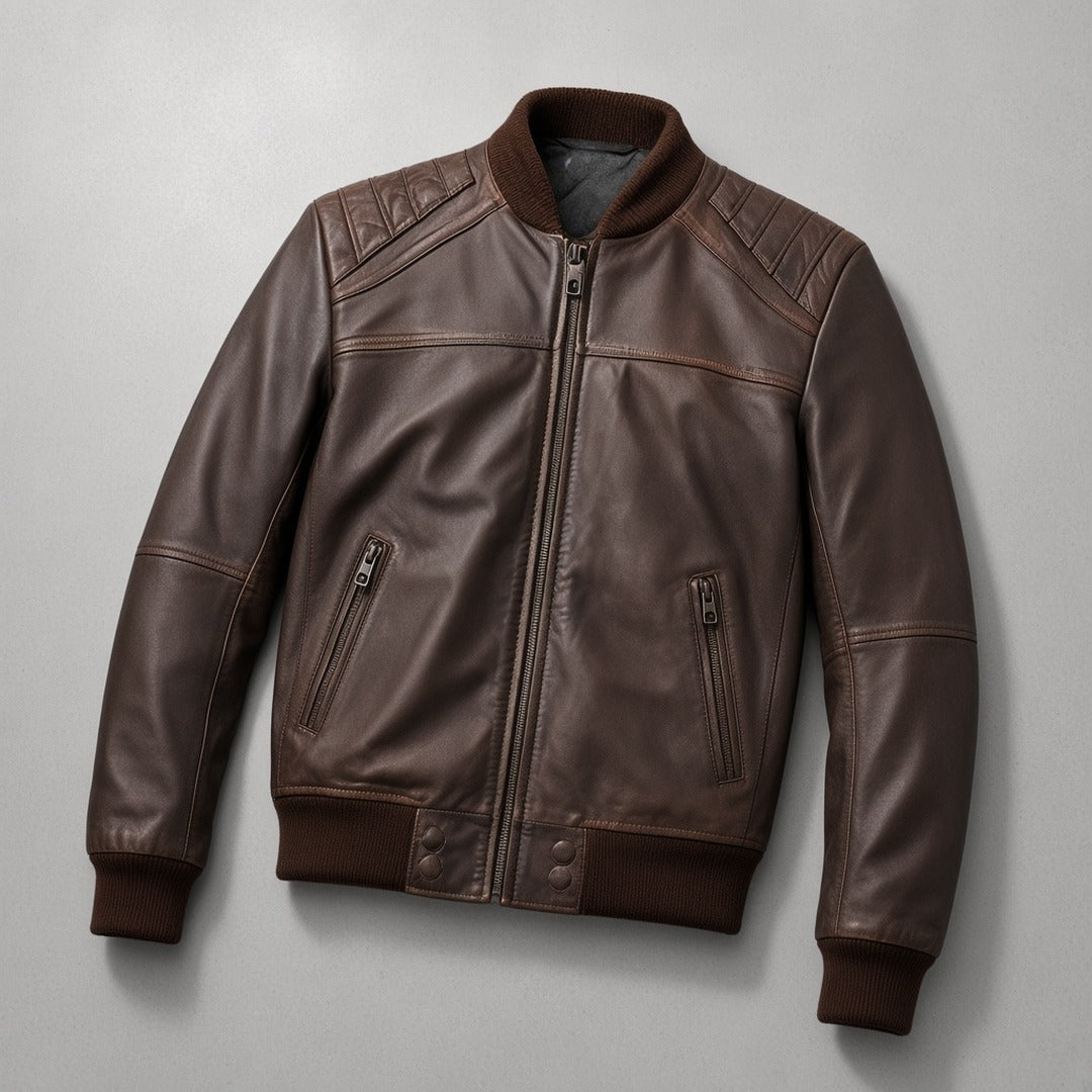 Men's Dark Brown Leather Bomber Jacket with Channel-Quilted Shoulders, flat lay