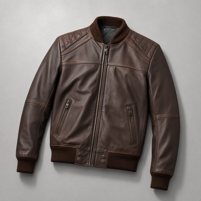 Men's Dark Brown Leather Bomber Jacket with Channel-Quilted Shoulders, flat lay