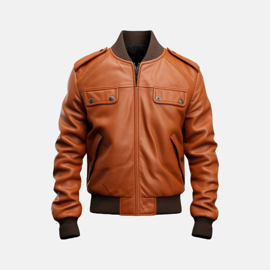 Men's Tan Leather Bomber Jacket with Strap Pockets, front view